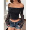 imageSHENHE Womens Glitter Shiny Top Off The Shoulder Bell Long Sleeve Party Night Crop TopBlack