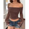 imageSHENHE Womens Glitter Shiny Top Off The Shoulder Bell Long Sleeve Party Night Crop TopBrown