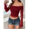 imageSHENHE Womens Glitter Shiny Top Off The Shoulder Bell Long Sleeve Party Night Crop TopRose Red