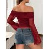 imageSHENHE Womens Glitter Shiny Top Off The Shoulder Bell Long Sleeve Party Night Crop TopRose Red