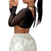 imageSHENHE Womens Mesh Sheer Halter Tie Neck Asymmetrical Long Sleeve Sexy 2 in 1 Crop TopBlack