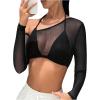 imageSHENHE Womens Mesh Sheer Halter Tie Neck Asymmetrical Long Sleeve Sexy 2 in 1 Crop TopBlack