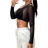 imageSHENHE Womens Mesh Sheer Halter Tie Neck Asymmetrical Long Sleeve Sexy 2 in 1 Crop TopBlack