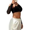 imageSHENHE Womens Mesh Sheer Halter Tie Neck Asymmetrical Long Sleeve Sexy 2 in 1 Crop TopBlack