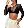 imageSHENHE Womens Mesh Sheer Halter Tie Neck Asymmetrical Long Sleeve Sexy 2 in 1 Crop TopBlack