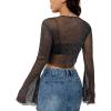 imageSHENHE Womens Mesh Sheer Sparkly V Neck Asymmetrical Tie Front Long Flare Sleeve Crop BlouseBlack