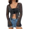 imageSHENHE Womens Mesh Sheer Sparkly V Neck Asymmetrical Tie Front Long Flare Sleeve Crop BlouseBlack