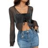 imageSHENHE Womens Mesh Sheer Sparkly V Neck Asymmetrical Tie Front Long Flare Sleeve Crop BlouseBlack