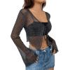 imageSHENHE Womens Mesh Sheer Sparkly V Neck Asymmetrical Tie Front Long Flare Sleeve Crop BlouseBlack