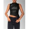 imageSHENHE Womens Mock Neck PU Leather Tank Asymmetrical Pleated Dressy Crop Top TankBlack