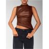 imageSHENHE Womens Mock Neck PU Leather Tank Asymmetrical Pleated Dressy Crop Top TankBrown