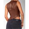 imageSHENHE Womens Mock Neck PU Leather Tank Asymmetrical Pleated Dressy Crop Top TankBrown