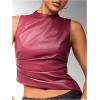 imageSHENHE Womens Mock Neck PU Leather Tank Asymmetrical Pleated Dressy Crop Top TankBurgundy