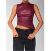 imageSHENHE Womens Mock Neck PU Leather Tank Asymmetrical Pleated Dressy Crop Top TankBurgundy