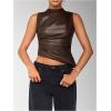 imageSHENHE Womens Mock Neck PU Leather Tank Asymmetrical Pleated Dressy Crop Top TankCoffee Brown