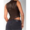 imageSHENHE Womens Mock Neck PU Leather Tank Asymmetrical Pleated Dressy Crop Top TankCoffee Brown