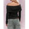 imageSHENHE Womens Off The Shoulder Long Sleeve Top Sexy Ruched Fitted Tee Y2k Fold Over Dressy TshirtBlack