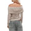 imageSHENHE Womens Off The Shoulder Long Sleeve Top Sexy Ruched Fitted Tee Y2k Fold Over Dressy TshirtKhaki