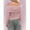 imageSHENHE Womens Off The Shoulder Long Sleeve Top Sexy Ruched Fitted Tee Y2k Fold Over Dressy TshirtPink