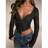 imageSHENHE Womens Sexy Open Front Tie Long Sleeve Ruffle Trim Sheer Lace Deep V Y2k Crop TopBlack
