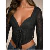 imageSHENHE Womens Sexy Open Front Tie Long Sleeve Ruffle Trim Sheer Lace Deep V Y2k Crop TopBlack