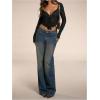 imageSHENHE Womens Sexy Open Front Tie Long Sleeve Ruffle Trim Sheer Lace Deep V Y2k Crop TopBlack