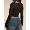 imageSHENHE Womens Sexy Open Front Tie Long Sleeve Ruffle Trim Sheer Lace Deep V Y2k Crop TopBlack
