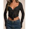 imageSHENHE Womens Sexy Open Front Tie Long Sleeve Ruffle Trim Sheer Lace Deep V Y2k Crop TopBlack