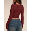 imageSHENHE Womens Sexy Open Front Tie Long Sleeve Ruffle Trim Sheer Lace Deep V Y2k Crop TopBurgundy