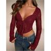 imageSHENHE Womens Sexy Open Front Tie Long Sleeve Ruffle Trim Sheer Lace Deep V Y2k Crop TopBurgundy