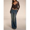 imageSHENHE Womens Sexy Open Front Tie Long Sleeve Ruffle Trim Sheer Lace Deep V Y2k Crop TopCoffee Brown