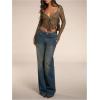 imageSHENHE Womens Sexy Open Front Tie Long Sleeve Ruffle Trim Sheer Lace Deep V Y2k Crop TopGreen