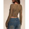 imageSHENHE Womens Sexy Open Front Tie Long Sleeve Ruffle Trim Sheer Lace Deep V Y2k Crop TopGreen
