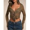 imageSHENHE Womens Sexy Open Front Tie Long Sleeve Ruffle Trim Sheer Lace Deep V Y2k Crop TopGreen