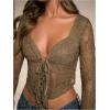 imageSHENHE Womens Sexy Open Front Tie Long Sleeve Ruffle Trim Sheer Lace Deep V Y2k Crop TopGreen