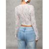 imageSHENHE Womens Sexy Open Front Tie Long Sleeve Ruffle Trim Sheer Lace Deep V Y2k Crop TopWhite