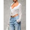 imageSHENHE Womens Sexy Open Front Tie Long Sleeve Ruffle Trim Sheer Lace Deep V Y2k Crop TopWhite