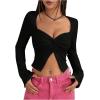 imageSHENHE Womens Y2k Twist Front Split Hem Bell Sleeve Sweetheart Neck Sexy Crop Top TshirtBlack