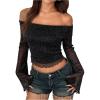 imageSHENHE Womens Glitter Shiny Top Off The Shoulder Bell Long Sleeve Party Night Crop TopBlack