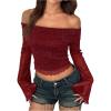 imageSHENHE Womens Glitter Shiny Top Off The Shoulder Bell Long Sleeve Party Night Crop TopRose Red