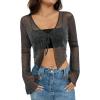 imageSHENHE Womens Mesh Sheer Sparkly V Neck Asymmetrical Tie Front Long Flare Sleeve Crop BlouseBlack