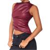 imageSHENHE Womens Mock Neck PU Leather Tank Asymmetrical Pleated Dressy Crop Top TankBurgundy