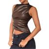 imageSHENHE Womens Mock Neck PU Leather Tank Asymmetrical Pleated Dressy Crop Top TankCoffee Brown