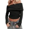 imageSHENHE Womens Off The Shoulder Long Sleeve Top Sexy Ruched Fitted Tee Y2k Fold Over Dressy TshirtBlack