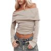 imageSHENHE Womens Off The Shoulder Long Sleeve Top Sexy Ruched Fitted Tee Y2k Fold Over Dressy TshirtKhaki