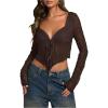 imageSHENHE Womens Sexy Open Front Tie Long Sleeve Ruffle Trim Sheer Lace Deep V Y2k Crop TopCoffee Brown