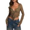 imageSHENHE Womens Sexy Open Front Tie Long Sleeve Ruffle Trim Sheer Lace Deep V Y2k Crop TopGreen