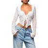 imageSHENHE Womens Sexy Open Front Tie Long Sleeve Ruffle Trim Sheer Lace Deep V Y2k Crop TopWhite