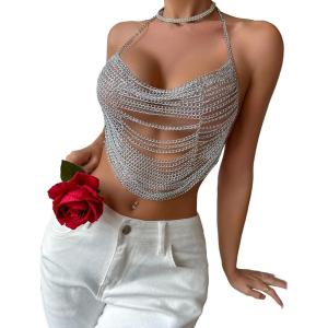 imageSHENHE Womens Chain Asymmetrical Hem Backless Halter Crop Cami Top Sexy Party TopSilver