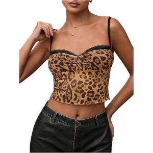 imageSHENHE Womens Color Block Sheer Lace Crop Cami Top Slim Fitted Spaghetti Strap Sexy Summer TopBlack Leopard Print